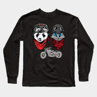 Cute Panda and cat couple that rides together stays together Long Sleeve T-Shirt